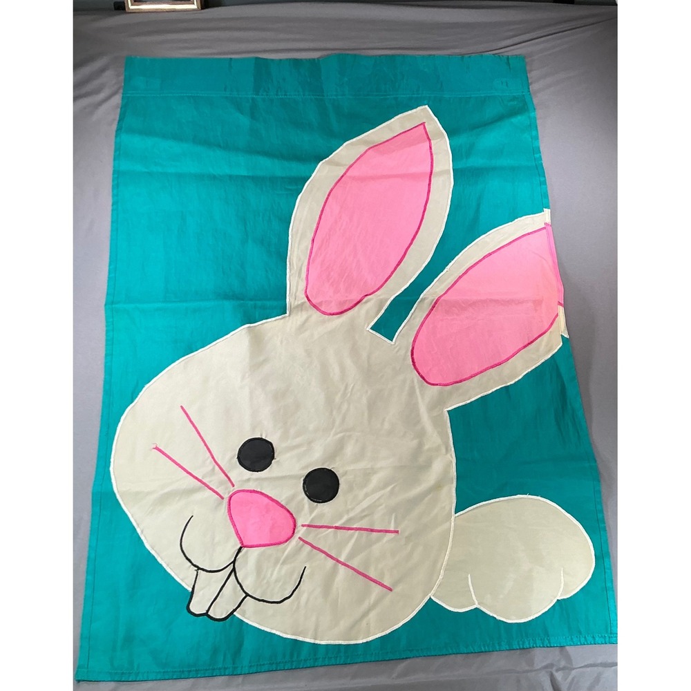 Vintage Easter Bunny Garden Flag Large Teal Pink White Applique Banner 24x36
